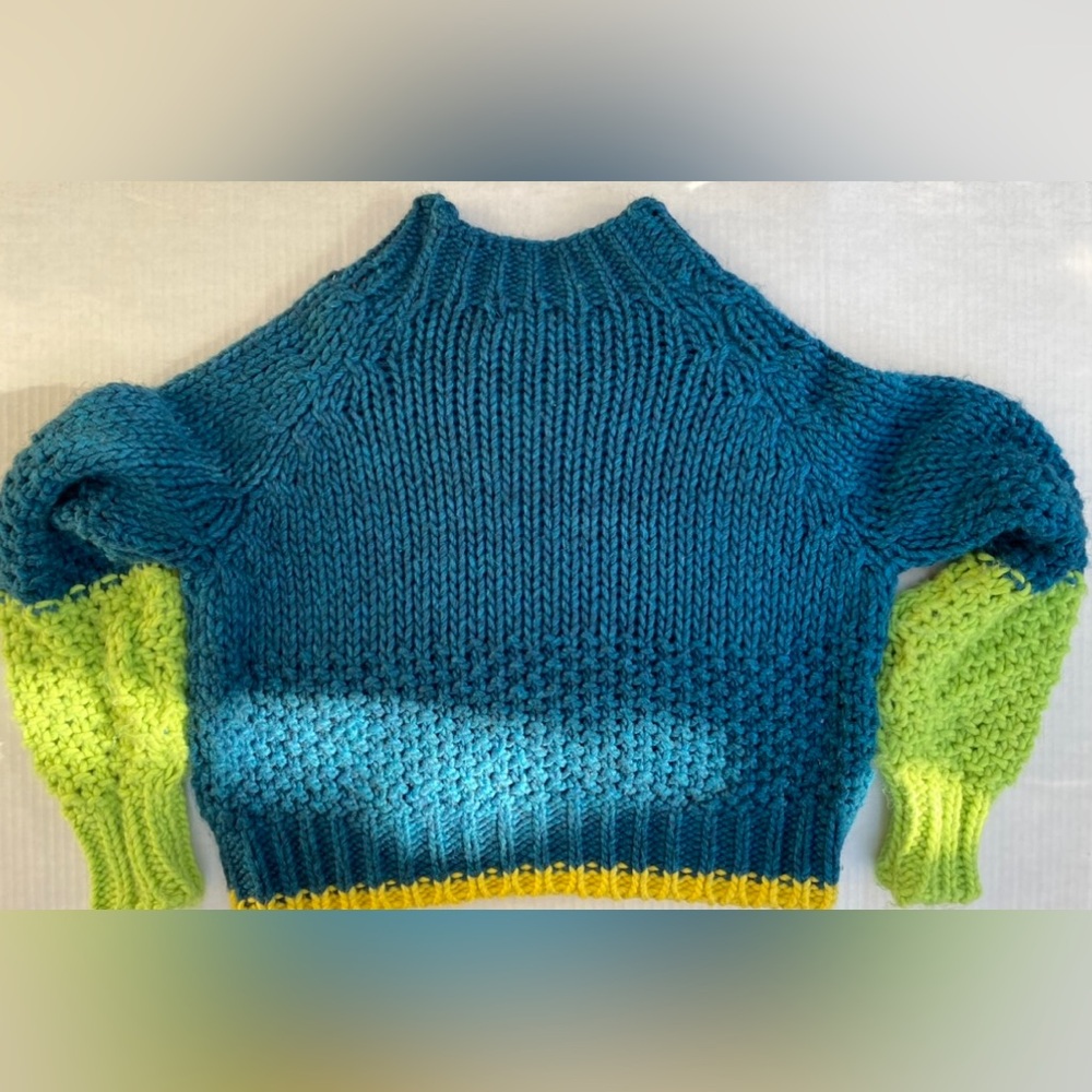 Anthropologie Dr Bloom Tamborito Color Block Sweater Teal Green Yellow Size M/L